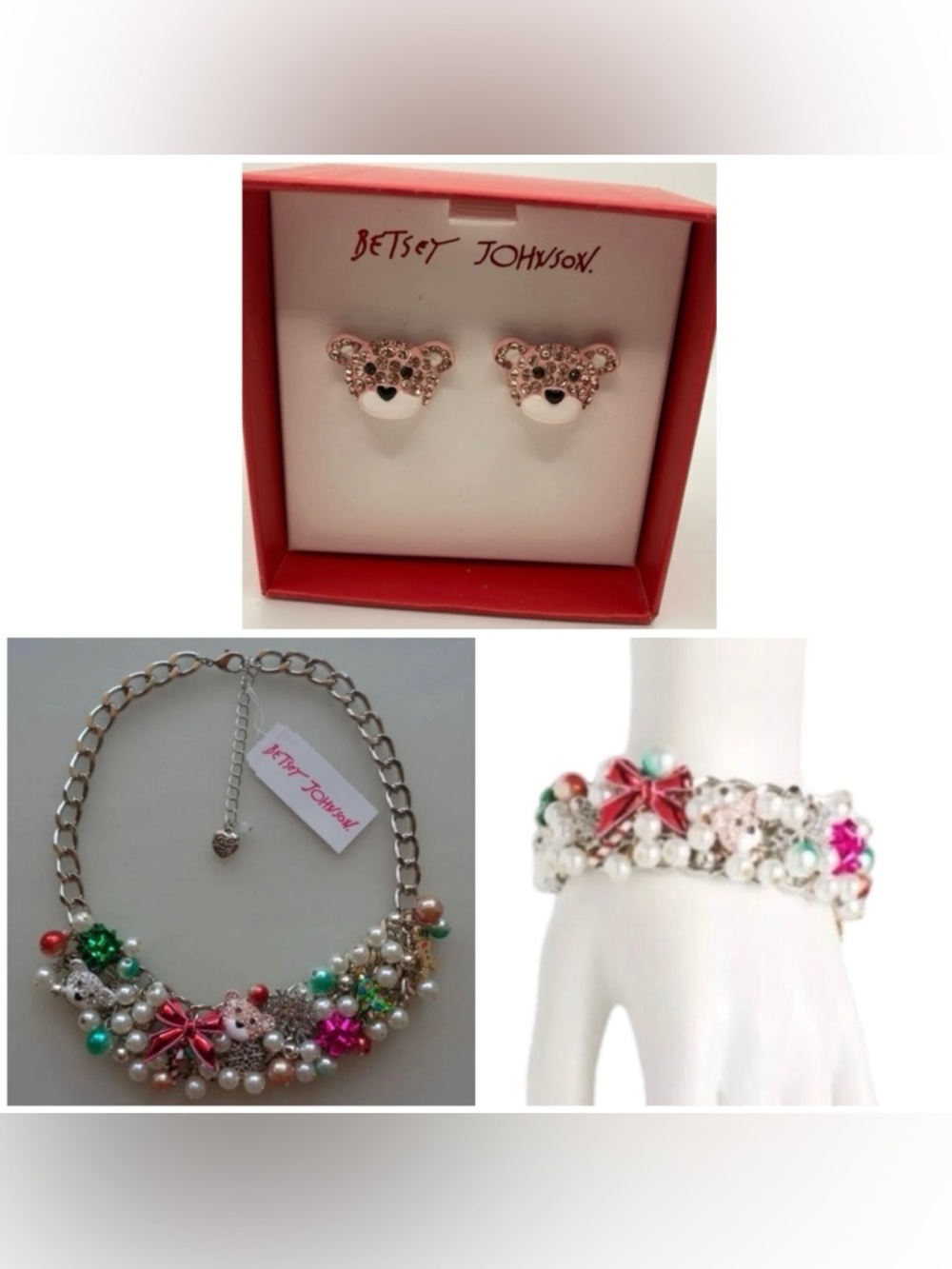 BETSEY JOHNSON SET Christmas Revival Charm Necklace, Bracelet & Earrings NEW NWT